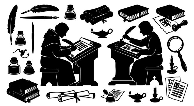 Monochromatic Silhouette Set: Scribes, Scrolls, Inkwells, Quills, Books, Magnifying Glass, Candle, Manuscript Elements for Historical or Educational Concepts