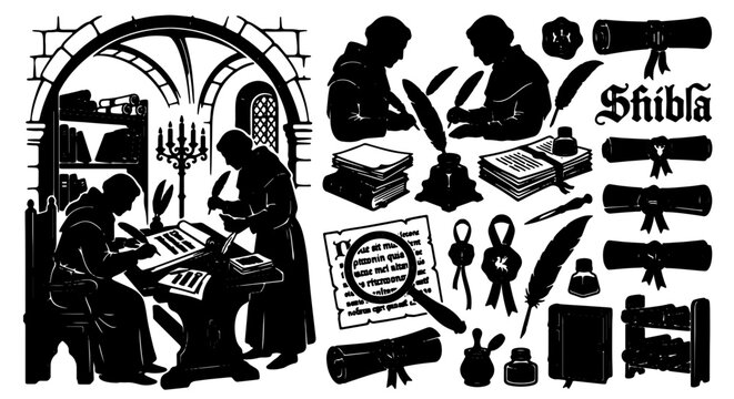 Monastic Scribes Set, Medieval Manuscript Illustration, Ancient Scrolls and Inkwells, Historical Writing Scene Vector Collection