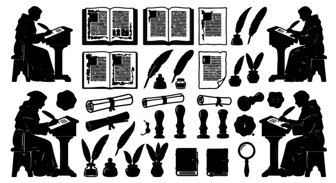 Monk Scribes Writing, Ancient Books, Scrolls, Quills, Inkwells, Magnifying Glass, Seals Vector Set. Historical Manuscript Illustration Elements for Education, Literature, and Research Concepts.