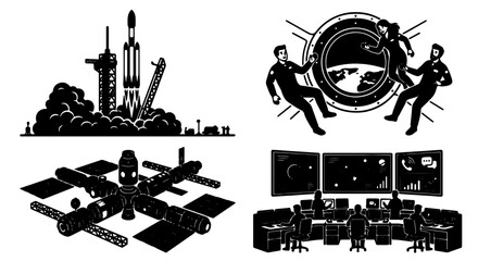 Space Exploration Vector Icons: Rocket Launch, Astronauts, Space Station, Mission Control Center, Cosmic Journey Graphics © Faruq
