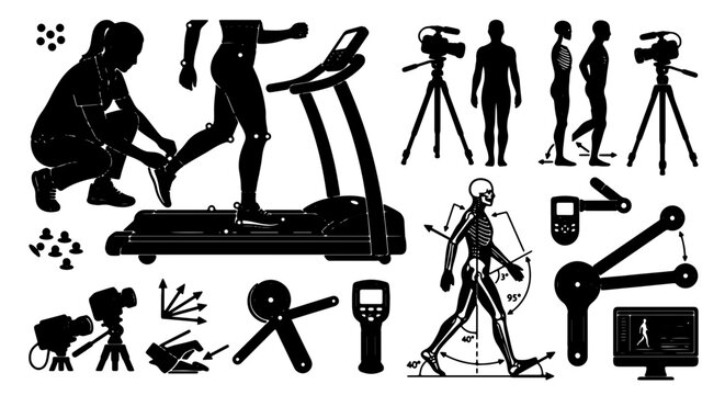 Kinesiology Motion Analysis Icons, Biomechanics Equipment Set, Human Movement Study Vector Graphics, Sports Science Technology Elements