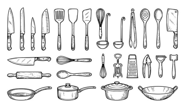 Hand Drawn Kitchen Utensils and Cooking Tools Collection Vector Set