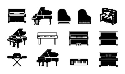 Vector Piano Icons Set: Grand, Upright, Keyboard Instruments Collection, Musical Symbols for Concerts, Music Education, and Performance Graphics © PixelArtBox