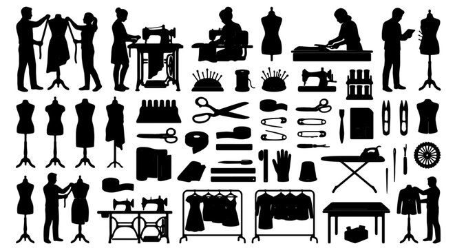 Tailoring and Sewing Icons Set, Fashion Design Elements, Dressmaker Tools and Silhouettes, Garment Creation Vector Graphics