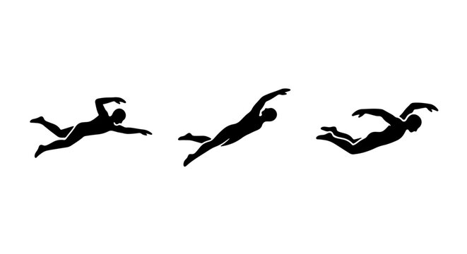 Swimming Strokes Vector Icons, Silhouette Swimmers Performing Freestyle, Backstroke, Butterfly, Aquatic Sports Motion Sequence