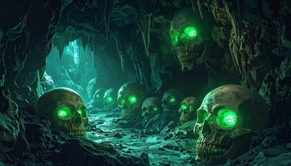 Fototapeta premium Glowing Skulls in Dark Cave Environment.