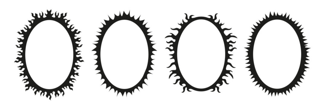 Set of y2k style tribal oval frame. Hand drawn cyber sigilism tattoo border. Aesthetic of 90s, 2000s. Vector illustration for poster, collage, design template.