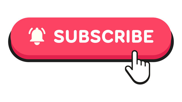 Red subscribe button with hand cursor clicking and notification bell icon