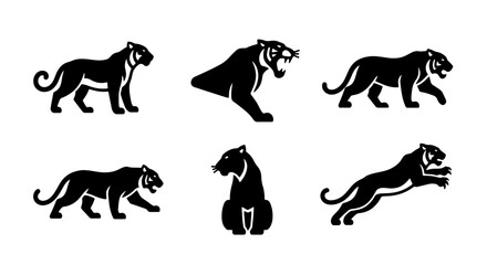 Black Panther Vector Icons Set, Wild Cat Silhouette Collection, Feline Predator Graphics, Powerful Big Cat Poses, Animal Emblem Design Elements © Sakib