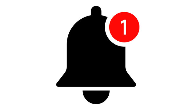 Black solid notification bell icon with red unread message badge isolated on transparent background