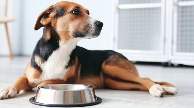 Dog lying beside metal food bowl indoors on floor