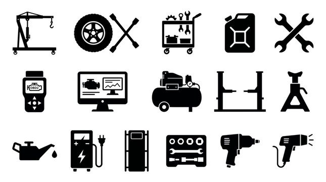 Collection of black automotive garage equipment and car repair icons isolated on a white background, representing professional vehicle maintenance and provides industrial workshop solutions