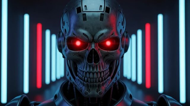 Closeup of a menacing cyborg skull with glowing red eyes