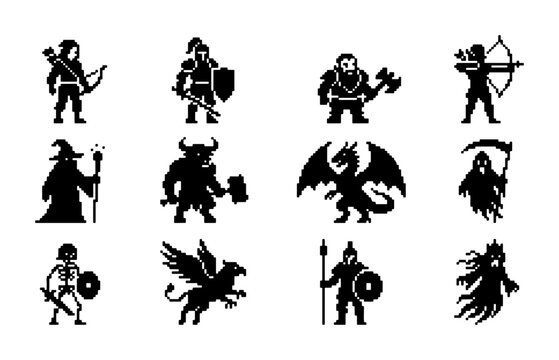 Pixel Art Fantasy Characters Set, 12 Retro Game Icons, Medieval Warrior & Mythical Creature Vector Graphics