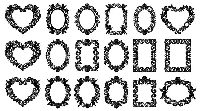 Collection of vintage baroque frames silhouettes with ornate flourishes and cherub angels in heart oval and rectangle shapes, providing luxury wedding graphics and representing classic art