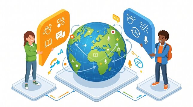 Isometric illustration of students holding giant abstract speech bubbles next to a globe