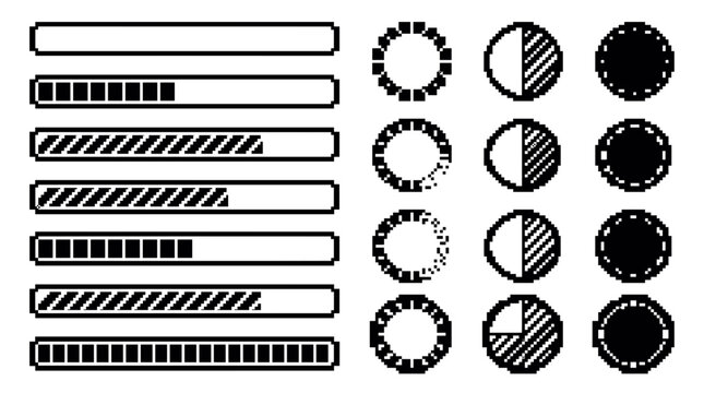 Collection of black and white pixel art loading bars and circular progress indicators on a white background, representing retro game interface elements and illustrating system status updates