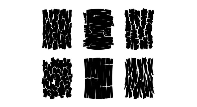 Six Black and White Vector Textures of Tree Bark Patterns, Organic Wood Grain Surfaces, Natural Forest Elements for Design