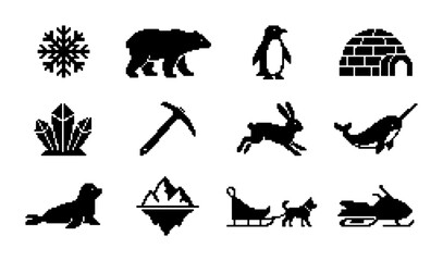 Arctic and Antarctic Icons Set: Polar Bear, Penguin, Narwhal, Snowmobile, Igloo, Sled, Snowflake, Crystals, Mountains, Seal, Rabbit, Ice Pick, Vector Graphics © PixelArtBox