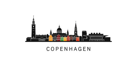 Obraz premium Copenhagen skyline illustration with colorful buildings and white background