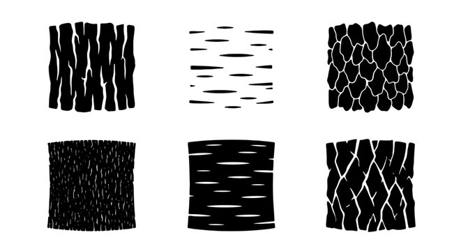 Six Black and White Vector Textures: Wood Grain, Bark Patterns, Natural Surface Designs for Graphic Backgrounds