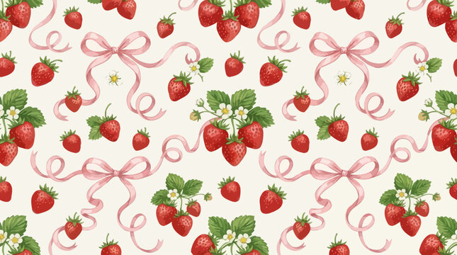 Seamless pattern with strawberries and pink ribbons.
