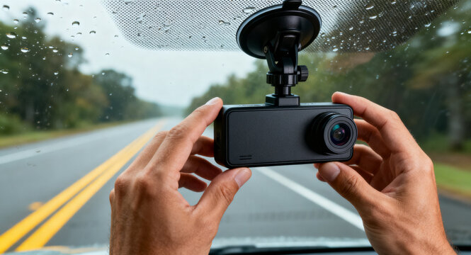 A person's hands holding a dashboard camera with a suction cup mount, facing forward through a car windshield on a rainy day, capturing the road ahead