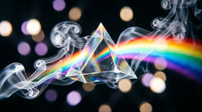 Glass prism dispersing light into rainbow spectrum with smoke swirls on dark bokeh background