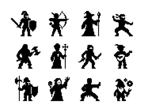 Pixel Art Fantasy Characters Set, 12 Retro Game Icons, Warrior, Mage, Archer, Ninja, Bard, Dwarf, Medieval Hero Silhouettes for Game Design and Digital Art