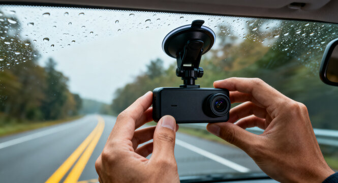 Close-up view of a person's hands installing a modern dash camera onto the car windshield, ensuring vehicle safety and capturing the rainy road journey ahead with advanced automotive technology