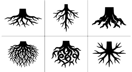 Diverse Tree Root System Vector Icons, Organic Growth and Foundation Graphics, Black Silhouette Plant Base Elements © Sharif