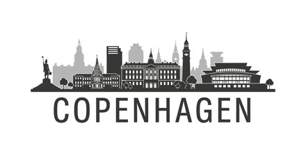 Obraz premium Copenhagen skyline silhouette illustration, black and white capital city design