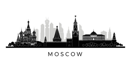 Fototapeta premium Moscow Cityscape Silhouette Illustration, Kremlin and Saint Basil's Cathedral