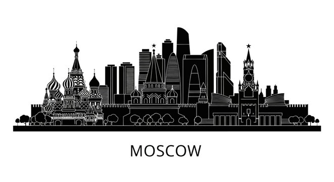 Moscow City Skyline Silhouette in Black and White, Russian Architecture