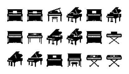 Piano Icons Collection, Grand and Upright Keyboard Instruments, Musical Notation Symbols, Vector Set for Music and Performance Graphics © PixelArtBox
