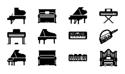 Vector Icons: Grand Pianos, Upright Pianos, Keyboards, and Organs, Musical Instrument Collection for Music and Performance Graphics © PixelArtBox