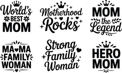 Obraz premium Elegant mothers day typography badge collection featuring crowns and stars with bold lettering for shirt design templates isolated on transparent background for creative use.