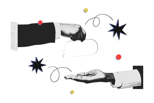 PNG Collage hands holding blank speech bubbles with retro stars, transparent background