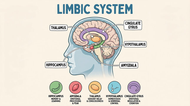 Anatomical illustration of the human brain limbic system with labeled parts