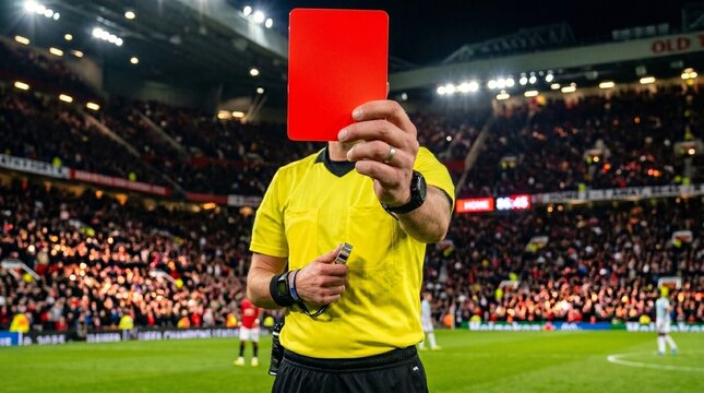 Soccer referee showing red card to player on field during match