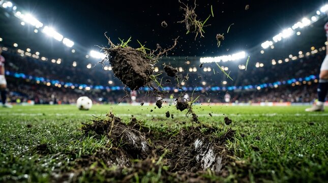 Soccer field with grass clod flying through air during intense