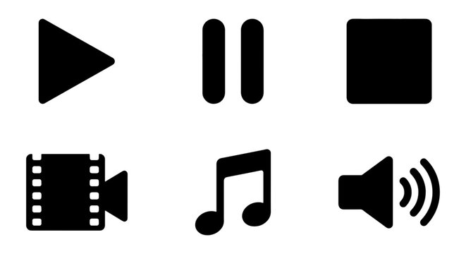 Set of 6 Black Multimedia Icons: Play, Pause, Stop, Film, Music Note, Volume Controls for Digital Media and Audio-Visual Applications