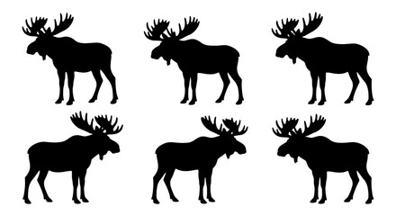 Fototapeta premium Six Silhouette Moose Icons, Wildlife Vector Graphics, Forest Animal Illustrations, Nature Elements for Design