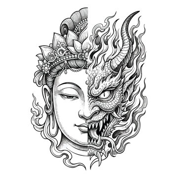 Creative split face tattoo vector showing half peaceful Buddha face and half angry Japanese Oni demon with horns.