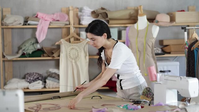 Young skilled dressmaker drawing garment pattern and using curved rulers, she designs clothing sketch before sewing. High quality 4k footage