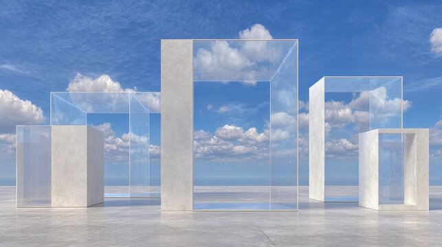 Abstract architectural installation featuring transparent frames and solid white pillars against a bright cloudy sky