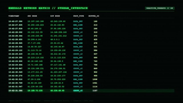 Futuristic Emerald Network Matrix Stream Interface Cyber Security Green UI Dashboard Screen Display.