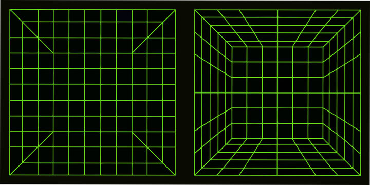 neon green wireframe grid on black background