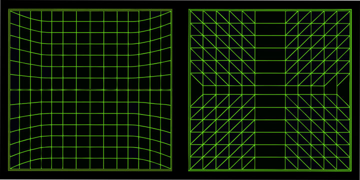 neon green wireframe grid panels on black