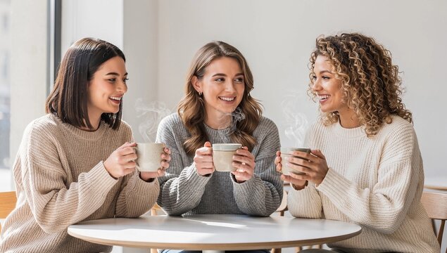 three young women enjoying coffee and chatting in a minimalist modern room